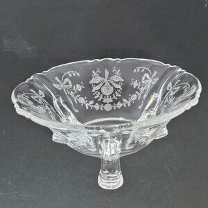 Vintage Heisy Orchid Etched Floral Ribbons Design 3 Footed Jelly Bowl